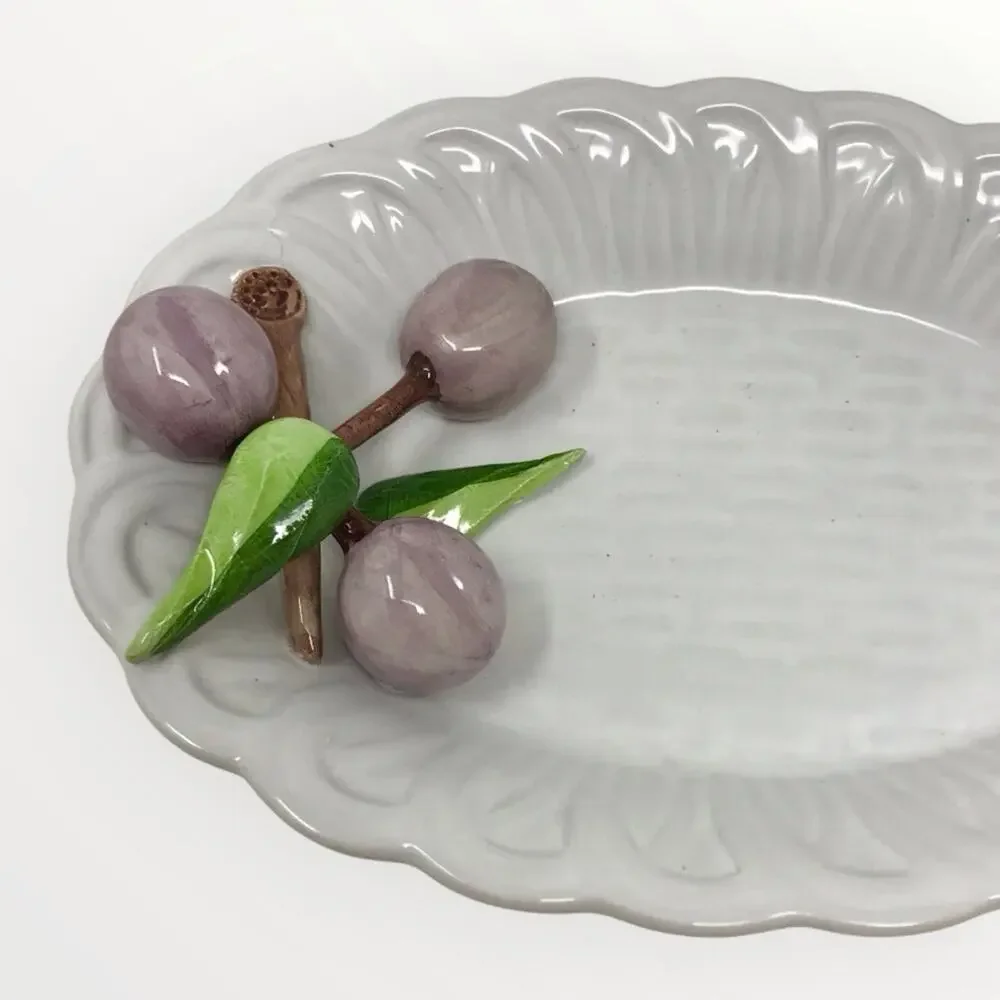 Elegant White Ceramic Trinket Plate Dish with Purple Grapes by Jay Willfred